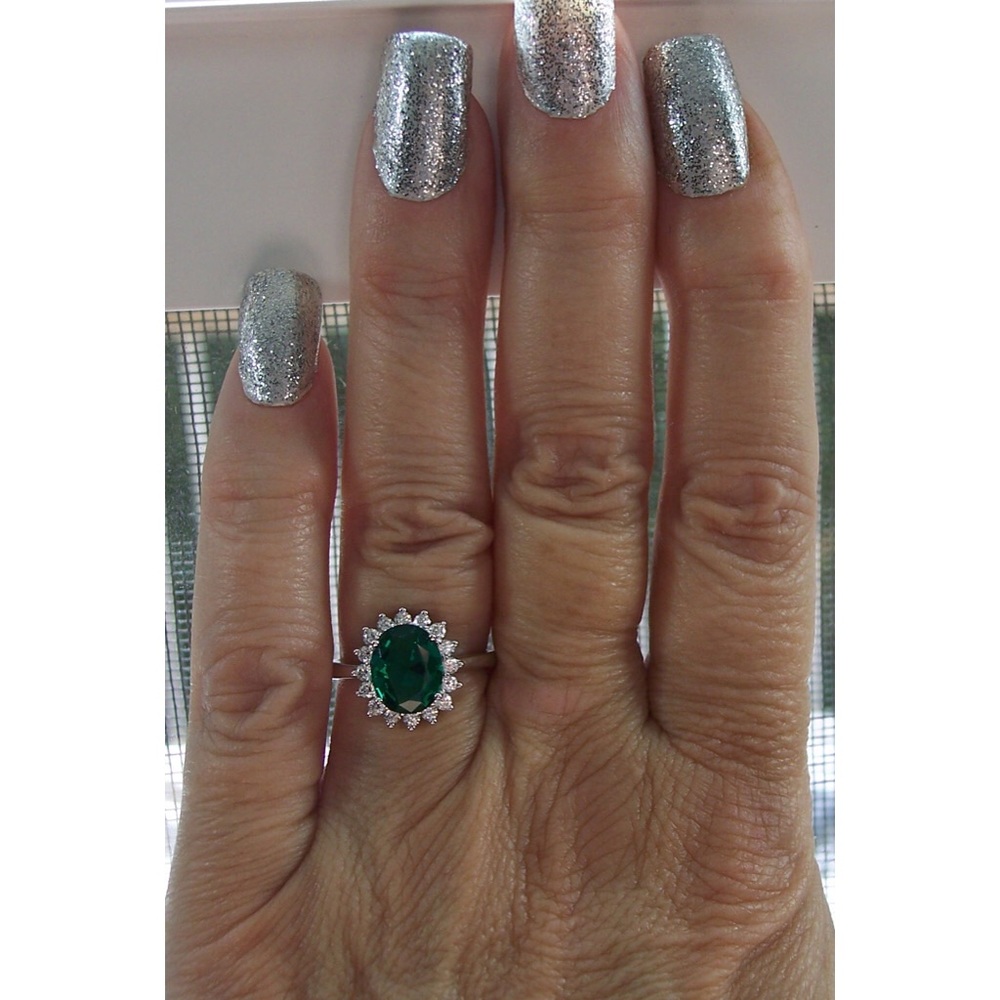 925 STERLING SILVER Simulated Emerald Cubic Zirconia Halo Ring - Picture 12 of 16
